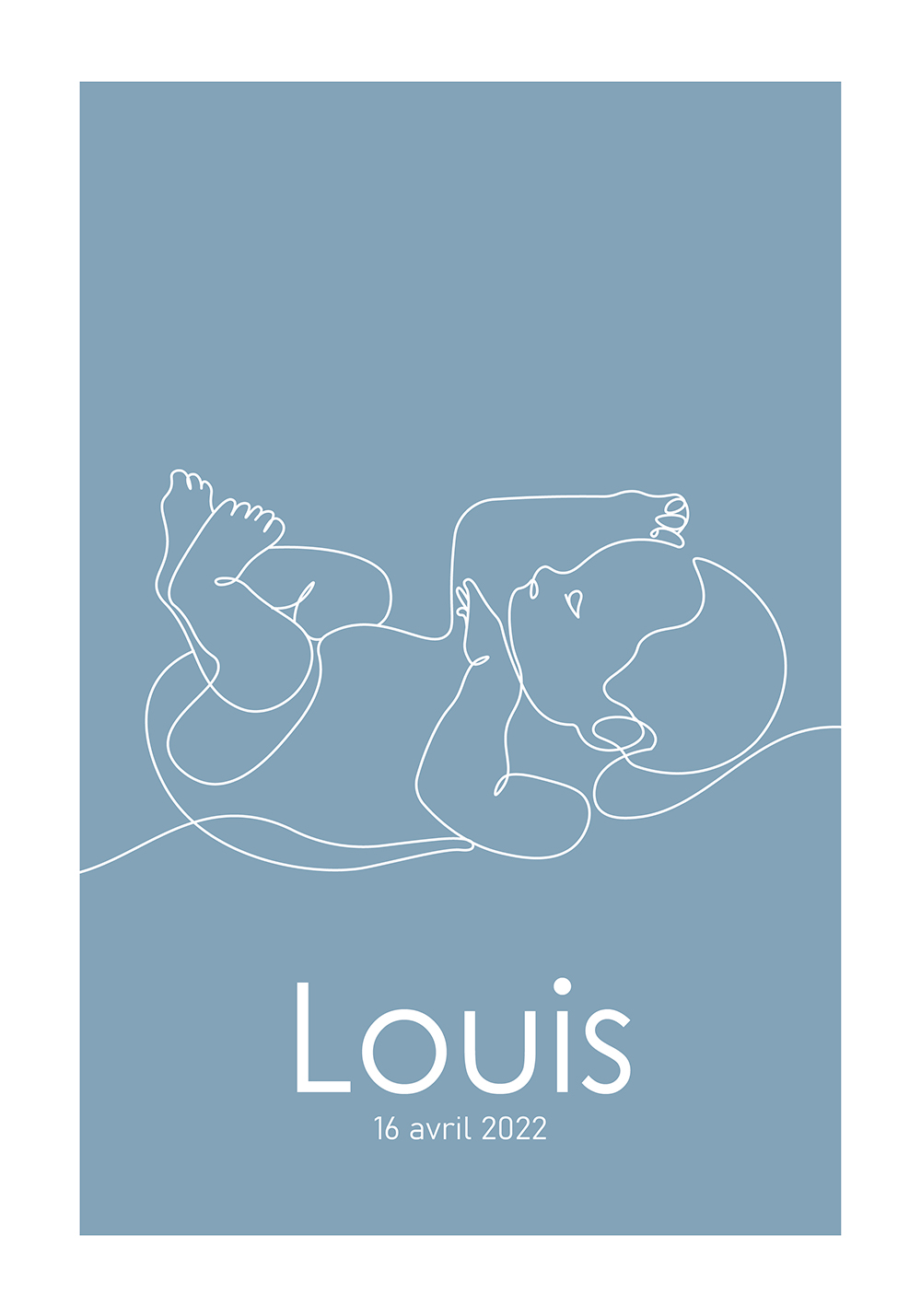 Affiche line art bébé garçon bleue personnalisable prénom date
