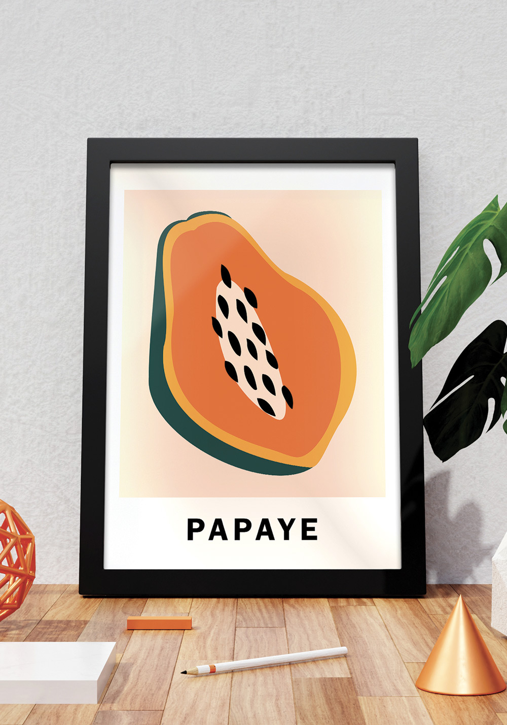 Dessin moitié de papaye fruit fibres, vitamines Affiche murale hall Artcamia
