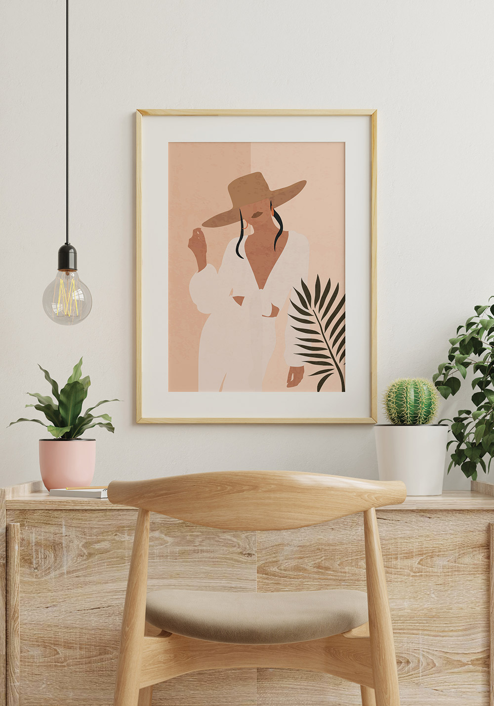 Affiche femme au chapeau style boho minimaliste - Artcamia