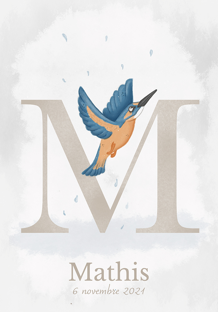 Lettre de l'alphabet M Martin-pêcheur oiseau poster personnalisable cadeau de naissance