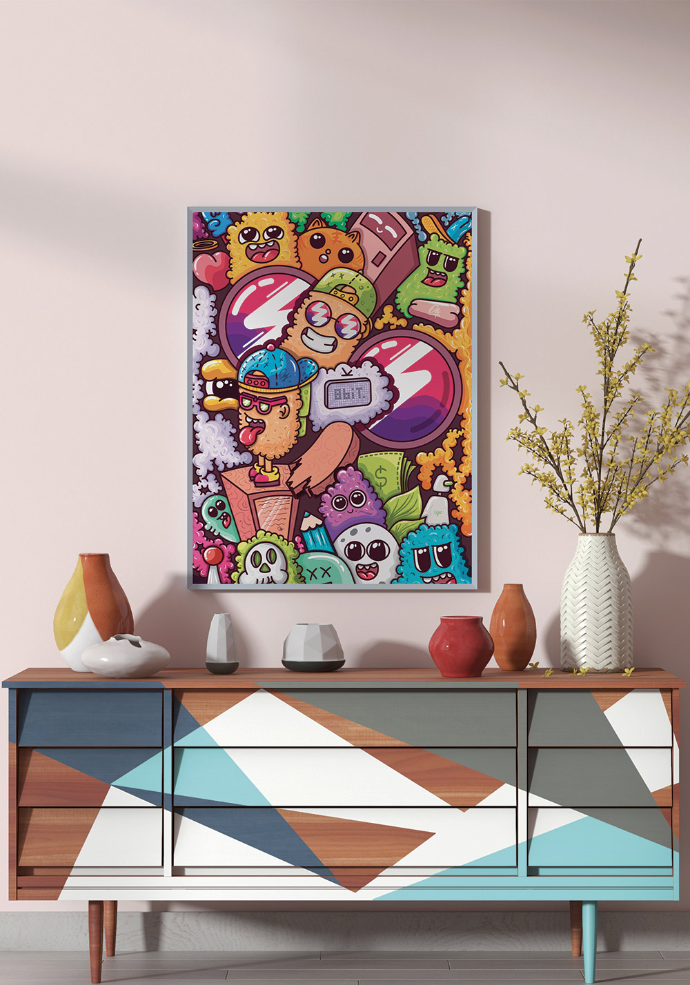 Poster doodle personnages colorés rigolos Déco - Artcamia